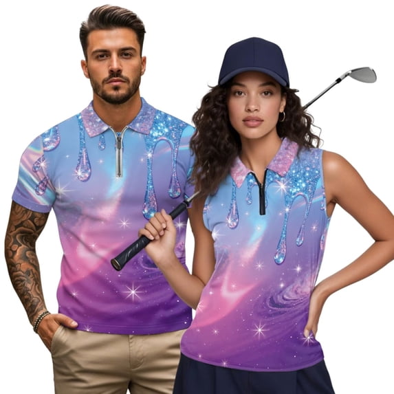 Garronmavis Purple Glitter Matching Golf Shirts for Couple Moisture Wicking Golf Tank Top for Women Racerback Design Keep Cool in Hot Weather Breathable Fabric Lightweight