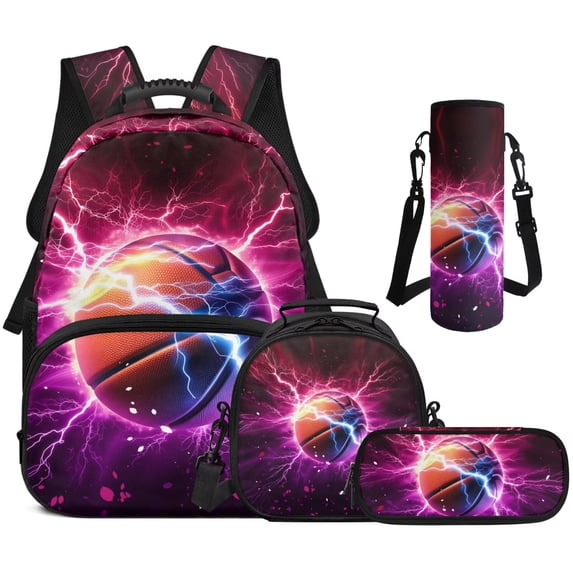 Garronmavis Purple Lightning Basketball Kids Boys Backpack 4-Piece Set, Sports Print School Bag with Lunch Bag, Pencil Case and Water Bottle Holder for Back to School