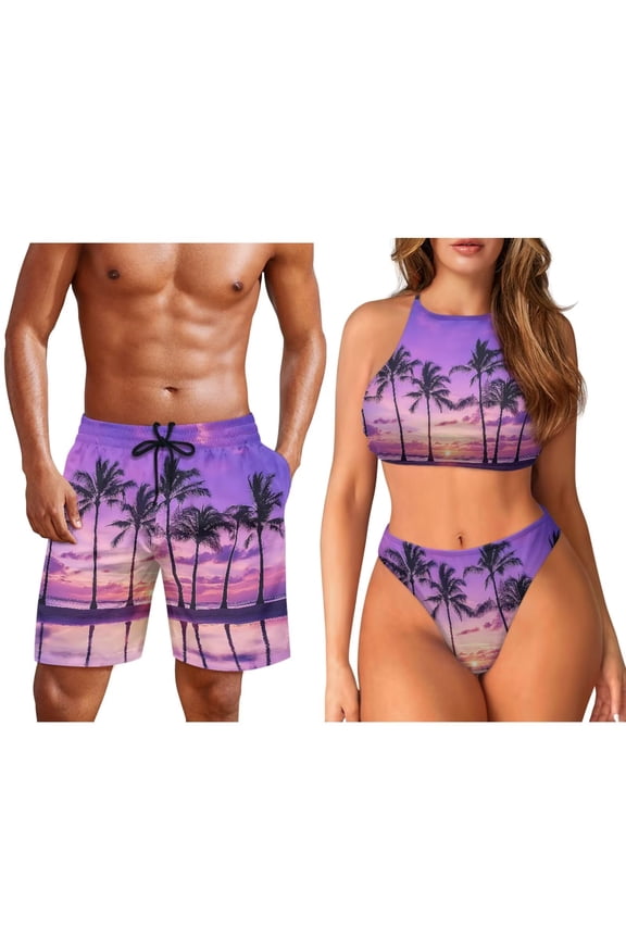 Purple Palm Tree Matching Swimsuits for Couples Two Piece Bikini Sets for Women Quick Dry Bathing Suits Halter Swimwear Printed Bathing Suit