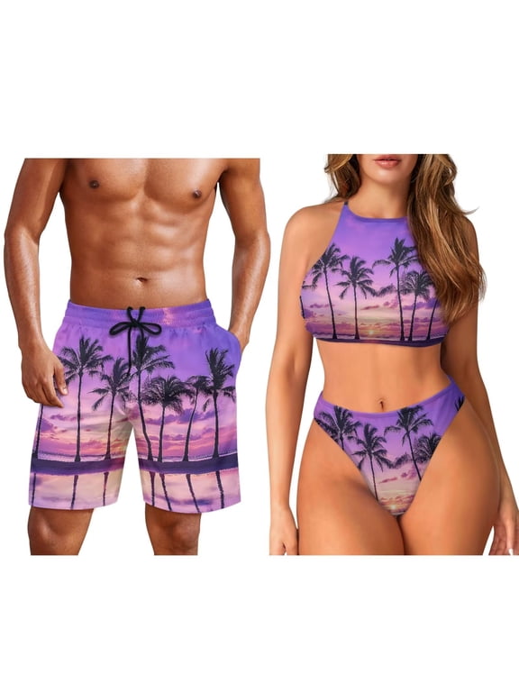 Purple Palm Tree Matching Swimsuits for Couples Two Piece Bikini Sets for Women Quick Dry Bathing Suits Halter Swimwear Printed Bathing Suit