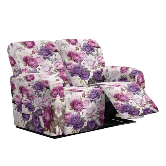 Garronmavis Purple Rose 2 Seats Recliner Chair Covers Non-Slip Sofa Slipcover Stain Against Lazy Boy Chair Covers Non Slip Reclining Furniture Protector Couch Cover with Storage Pocket