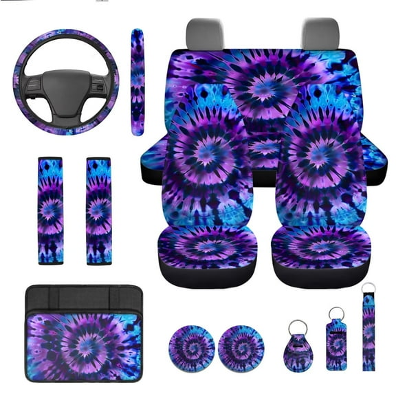 Garronmavis Purple Tie-Dye Auto Seat Cover Set Include Front and Rear Seat Covers Armrest Pad Steering Wheel Cover Seat Belt Cover Coasters Keychain Lipstick Cover Women Car Accessories 13 Pcs Set