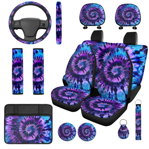 Garronmavis Purple Tie-Dye Car Seat Covers Full Set 14 Pack Steering Wheel Protector Car Headrest Cover Armrest Cover and Auto Seat Belt Covers Full Coverage Universal Fit for Cars SUV
