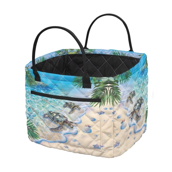 Garronmavis Quilted Fabric Laundry Basket, Built-In Carry Handles Coastal Turtle Print Storage Organizer, Multi-Purpose Hamper for Bedroom, Nursery, Laundry Room Household Use