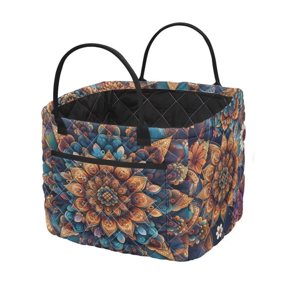 Garronmavis Quilted Laundry Basket, Boho Mandala Print Foldable Design with Built-In Carry Handles, Dual-Purpose Quilted Storage Basket Laundry Hamper for Bedroom Bathroom Nursery Organization