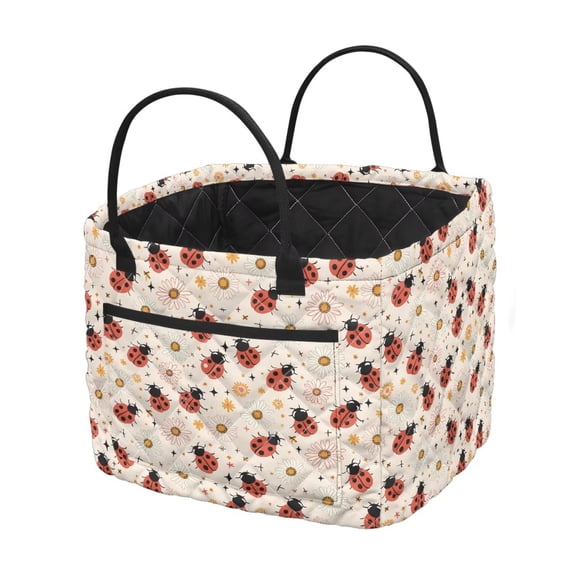 Garronmavis Quilted Laundry Basket with Built-in Carry Handles, Ladybug Print Foldable Fabric Storage Hamper, Multi-Use Organizer for Dirty Clothes, Blankets, Nursery Baby Items