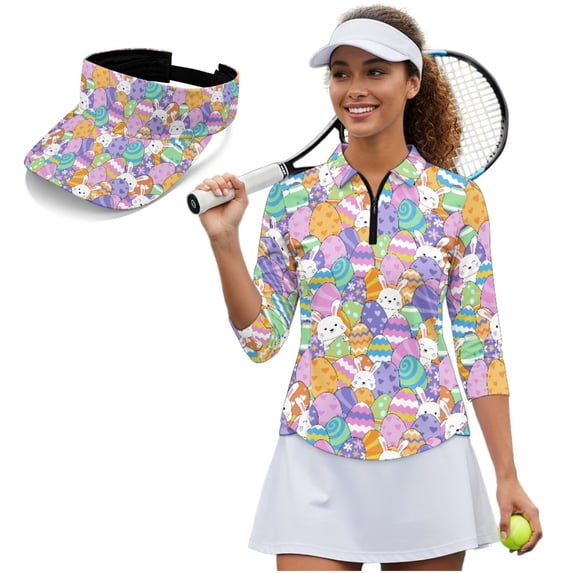 Garronmavis Rabbit Egg Women's Golf Shirt and Sun Visor Hat Set 4-Way Stretch 3/4 Sleeve Golf Shirts Quarter Zip Adjustable UV Protection Sun Hat Cap for Camping Fishing Music Festival
