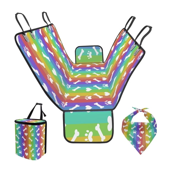 Garronmavis Rainbow Paw Bone Dog Seat Cover for Back Seat Pet Car Seats Protection Car Trash Bag Hanging Dog Bandanas Scarf for Large Dogs Cars Seats Cover Full Set 3 Pieces