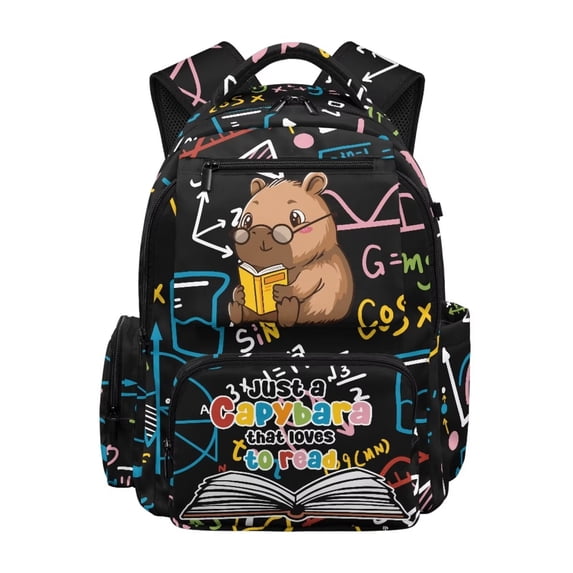 Garronmavis Reading Capybara Kids Backpack 17 Inch Large Capacity School Bag Smooth Zippers Book Bag for 8-10 Elementary Students Daily Use