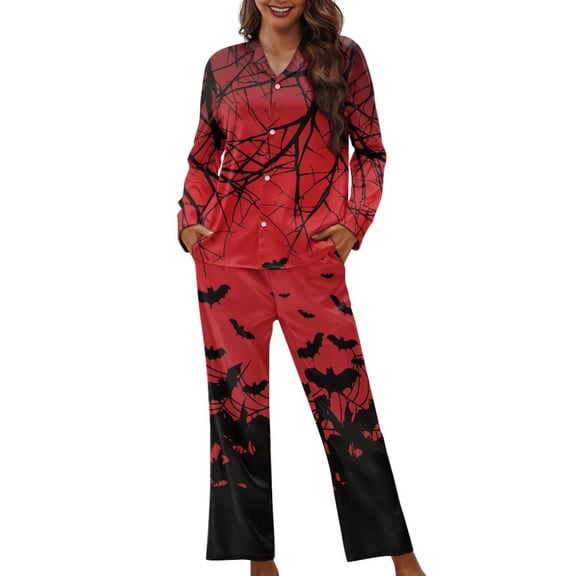 Garronmavis Red Halloween 2 Piece Pajama Set for Women Button Down Long Sleeve Shirt and Pants Soft Sleepwear Comfy Lounge Set PJ Outfit