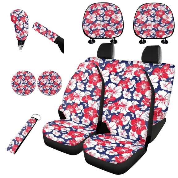 Garronmavis Red Hibiscus Rose Car Seat Covers Set Tropics Style Automotive Accessories with Auto Headrest Covers Handbrake Gear Shift Knob Cover Auto Cup Coaster Wristlet Keychain