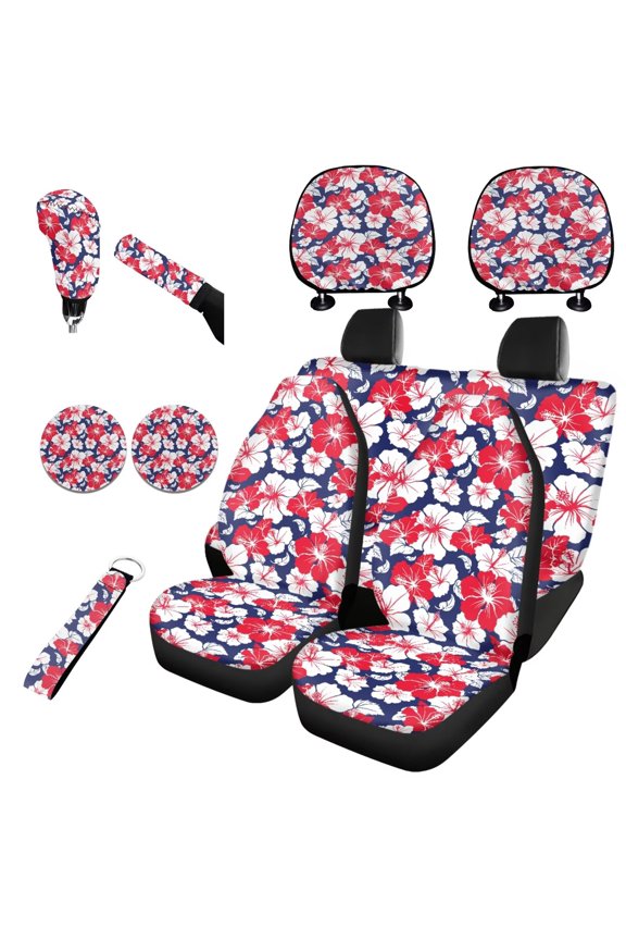 Red Hibiscus Rose Car Seat Covers Set Tropics Style Automotive Accessories with Auto Headrest Covers+Handbrake Gear+Shift Knob Cover+Auto Cup Coaster+Wristlet Keychain