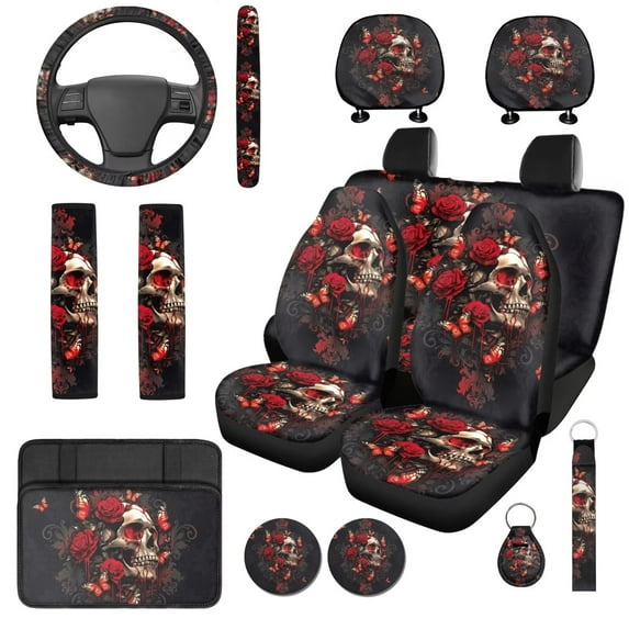 Garronmavis Red Rose Skull 14 Pcs Halloween Car Accessories Full Set with Steering Wheel Protector Car Headrest Cover Arm Rest Cover Seat Belt Covers Key Ring and Cup Coaster Fit for Cars SUV