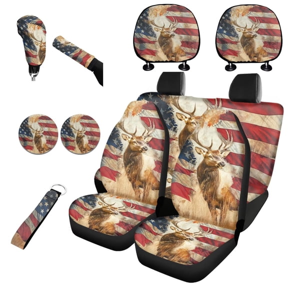 Garronmavis Reindeer American Flag Car Seat Covers Full Set Interior Auto Accessories with Cars Headrest Protectors+Lanyards Key Ring+Auto Cup Coaster+Handbrake Gear+Shift Knob Cover