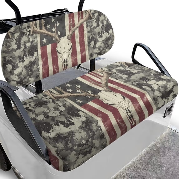 Garronmavis Reindeer Skull Golf Cart Seat Covers Accessories American Flag Comfortable Interior Protector Easy to Install Split Backrest Front Seat Cover Universal Fit