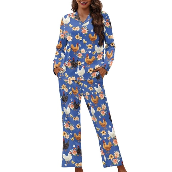Garronmavis Rooster Chicken Flower Women Pajamas Set Button Down Sleepwear Long Sleeve Pjs Soft Nightwear Long Sleeve T-Shirt with Long Pants Lounge Set, Blue