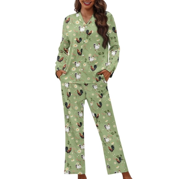 Garronmavis Rooster Chicken Womens Pajama Sets 2 Piece Pjs Long-Sleeved Set Button Down Sleepwear Breathable & Soft Pj SetTrendy Loungewear, Green