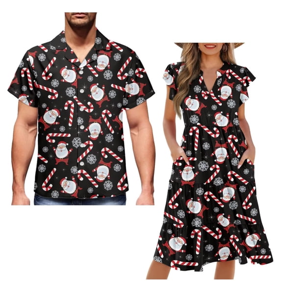 Garronmavis Santa Claus Matching Outfits for Couples Christmas Candy Canes Husban and Wife Clothing Men's Button Down Shirt Size L Hawaiian Tops and Womens Short Sleeve Beach Dress