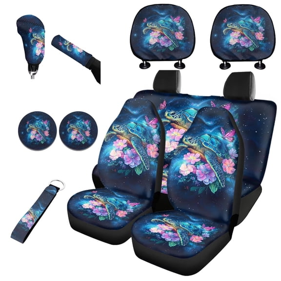 Garronmavis Sea Turtle Flower Car Seat Covers Set Comfortable Automotive Interior Accessories with Auto Headrest Cover Handbrake Gear Shift Knob Cover Auto Cup Coaster Wristlet Keychain