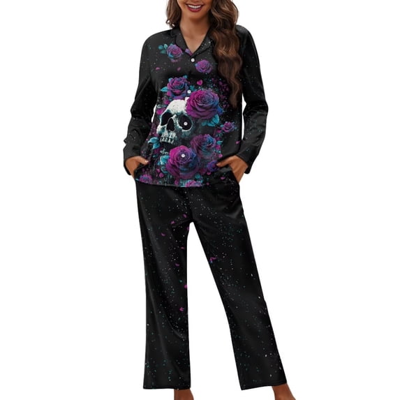 Garronmavis Skull Rose Women's Sleepwear Pajama Set Long Sleeve Pjs V Neck Notch Collar Sleepwear Soft Comfy Casual Lounge Set with Pockets