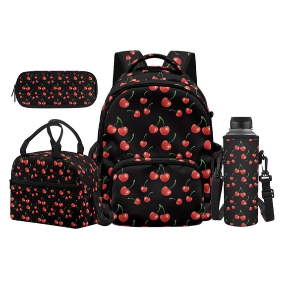 Garronmavis Solid Black Allover Red Cherry Fruit Children Backpack Combo, 17 Inch Minimal Fruit Theme School Bag with Thermal Lunch Pack, Pen Case and Drink Bottle Holder