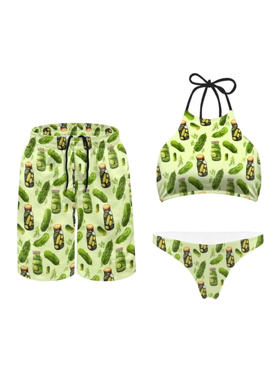 Sour Pickles Matching Swimsuits for Couples Men's Swim Trunks Quick Dry Board Shorts Women Two Piece Bathing Suit Bikini Set Summer Hawaiian Swimwear Bathing Suits