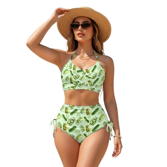 Garronmavis Sour Pickles Women's Bikini Set Twist Front Halter 2 Piece Swimsuit Adjustable Side Tie Tummy Control Bathing Suit for Summer Beach