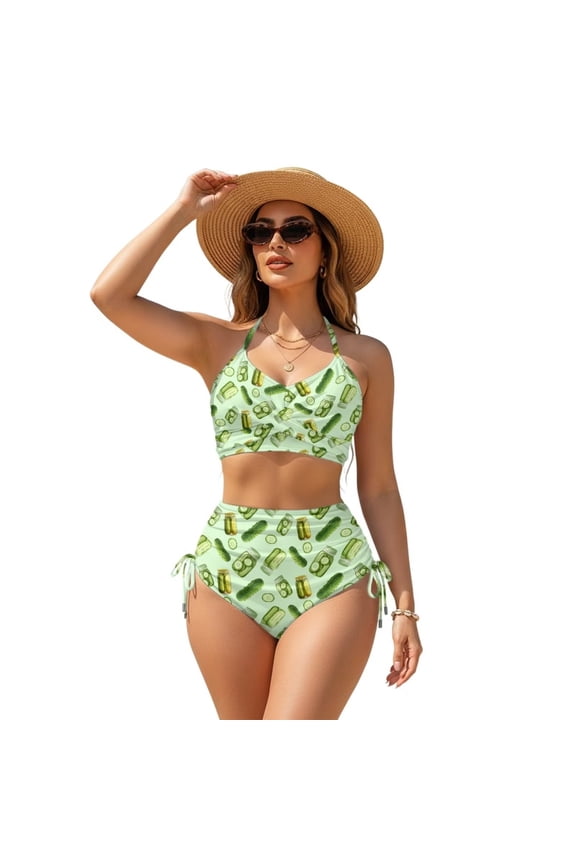 Sour Pickles Women's Bikini Set Twist Front Halter 2 Piece Swimsuit Adjustable Side Tie Tummy Control Bathing Suit for Summer Beach