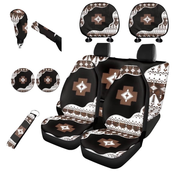 Garronmavis Southwest Aztec Geometry Stylish Car Seat Cover Set of 11 Pieces,Protector Seats with Car Seat Headrest Cover,Lanyards Key Chain,Auto Cup Pad,Gear Shift Knob and Handbrake Cover Interior