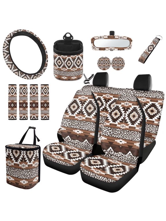 Southwest Aztec Leopard Print Front Rear Car Seat Covers Rearview Mirror Cover Garbage Can Air Vent Organizer Steering Wheel Cover Seat Belt Cover Coasters Fit Most SUV Van Sedan
