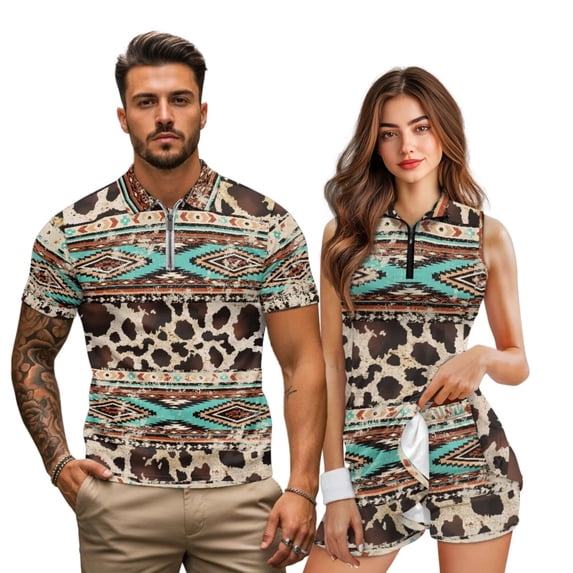 Garronmavis Southwest Aztec Matching Couple Golf Outfits Men's Quick Dry Short Sleeve Quarter Zip Shirt Cow Print Women's Sleeveless Tennis Dress with Built-In Pocketed Shorts