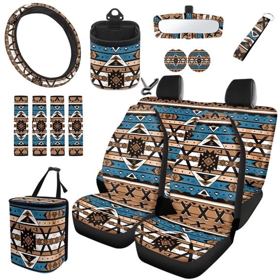 Garronmavis Southwest Aztec Tribal Fashion 15pcs Automotive Interior Set, Front Rear Car Seat Covers Steering Wheel Cover Seat Belt Cover Cup Mat Rearview Mirror Cover Trash Can