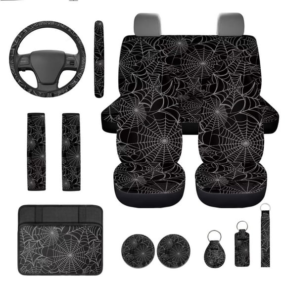 Garronmavis Spider Web Car Seat Cover Set 13 Pcs Car Accessories Include Seat Belt Cover Armrest Pad Steering Wheel Cover Coaster Keychain Lipstick Cover Car Decoration