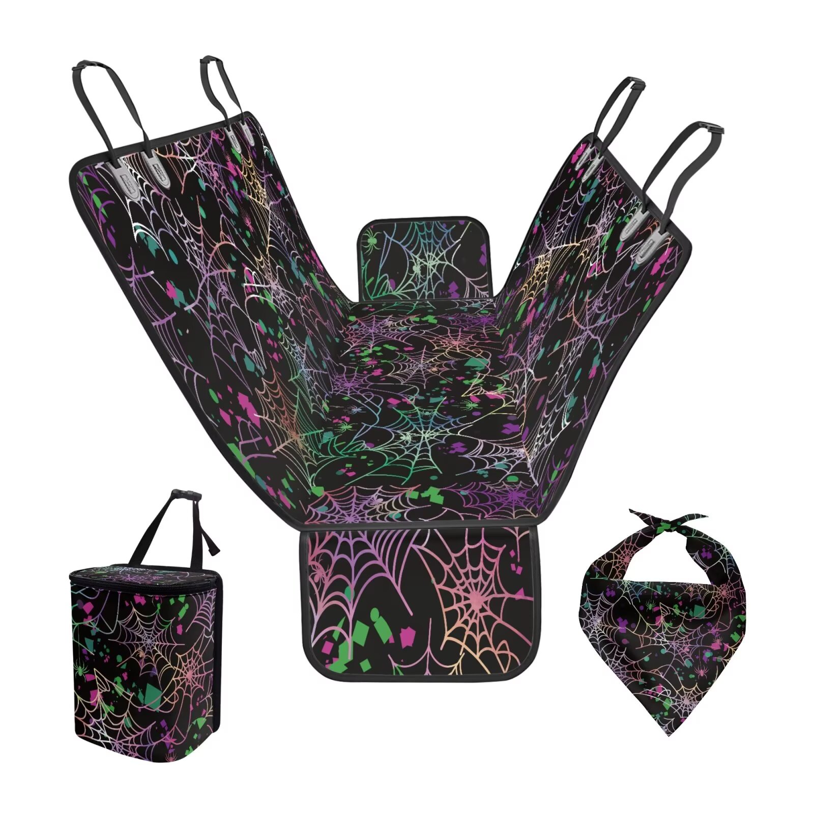 Garronmavis Spider Web Dog Seat Cover for Back Seat Pet Car Seats Protection Car Trash Bag Hanging Dog Bandanas Scarf for Large Dogs Cars Seats Cover Full Set 3 Pieces