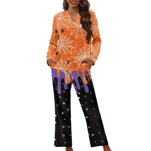 Garronmavis Spider Web Halloween Pajamas Women Button Up Pajama Set with Pocket 2 Piece Lounge Ladies Sleepwear Loungewear Soft Pj Long Sleeve Top and Pajama Pants