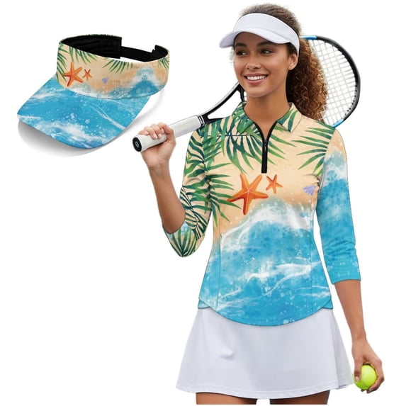 Garronmavis Starfish Beach Women's Golf Shirt and Sun Visor Hat Set Lightweight 3/4 Sleeve Golf Shirts Adjustable UV Protection Sun Hat Cap for Golf,Tennis,Hiking,Running,Gym Washable