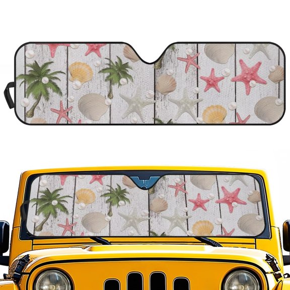 Garronmavis Starfish Coconut Tree Shell Front Windshield Sunshade Fit for Jeep Wrangler JL/JLU 2018-2024 & Jeep Gladiator JT 2020-2024 Foldable Window Shade Sun Visor Protector Blocks UV Rays