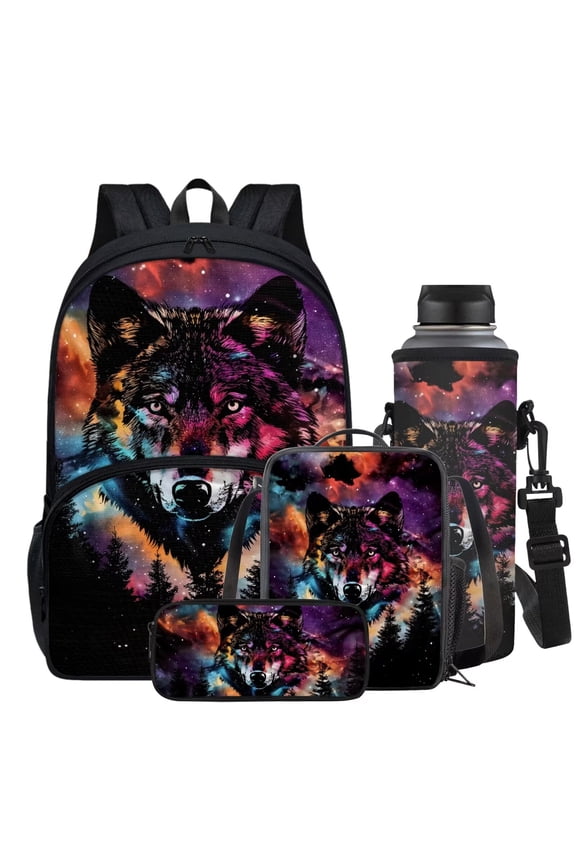 Starry Wolf Backpack Set Boy School Bags for Kids Gifts, School Bag with Pencil Holder Case Lunch Box Water Holder Case Travel Satchel Laptop Bags