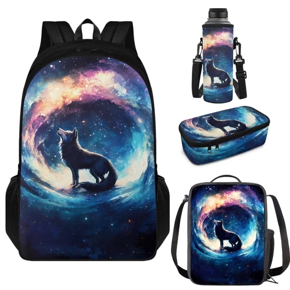 Garronmavis Starry Wolf School Bag and Lunch Bag Set for Girls 6-7 Kindergarten Schoolbag Sets 8-10T Kids Backpack with Lunch Box Pencil Case Water Bottle Holder Hiking Rucksack