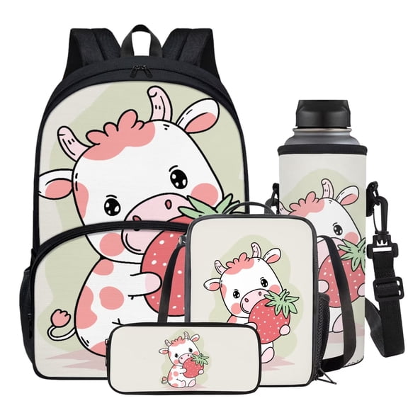 Garronmavis Strawberry Cow Print School Bags for Boys 5-16, Backpack with Pencil Case Lunch Box Bag Water Bottle Bag Set of 4, Camping Rucksack Novelty Bookbags for Kids Gifts