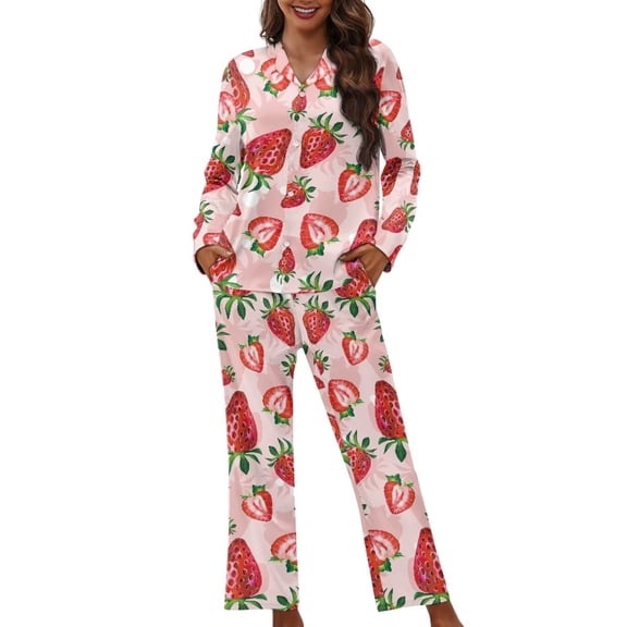 Garronmavis Strawberry Women Long Sleeve Pajama Set 2 Piece Button Down V Neck Sleepwear Soft Breathable Comfy Lounge Outfit PJs Set for Women, Chest Pocket