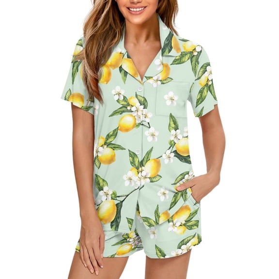 Garronmavis Summer Lemon Women's Sleepwear Button Down 2 Piece Pjs Shorts Set Notch Collar T-Shirt & Shorts Sleepwear Lounge Sets with Pockets