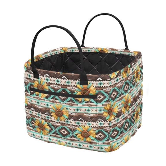 Garronmavis Sunflower Aztec Pattern Quilted Laundry Basket with Handles, Foldable Decorative Fabric Laundry Hamper, Large Capacity Storage Bin for Bedroom, Nursery, Bathroom