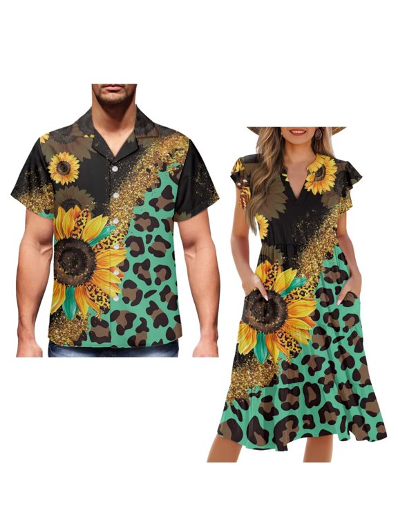 Sunflower Couples' Outfits Leopard Print Husban and Wife Clothing Men's Button Down Shirt Hawaiian Shirts and Womens Short Sleeve Dress Casual Beach Party Dresses Size S