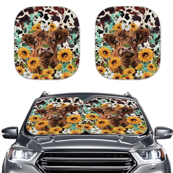 Garronmavis Sunflower Cow Driver Highland Cow Windshield Sunshades Front Window Sun Blocker for Car Sun Shade Sunlight Protector for Most Sedans SUV Truck