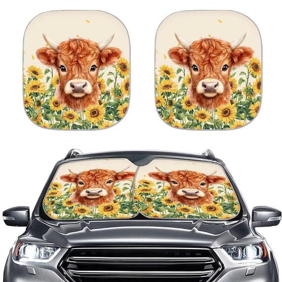 Garronmavis Sunflower Highland Cow Automotive Windshield Sunshades Car Sun Shade Set of 2 Portable Foldable Auto Sun Blocker Visor Protector