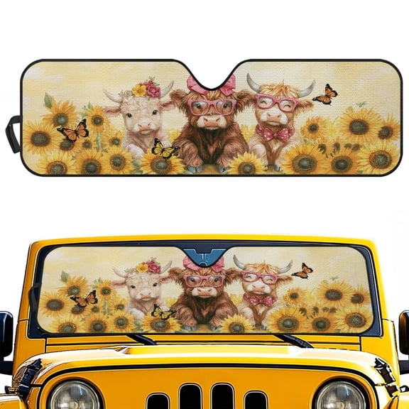 Garronmavis Sunflower Highland Cow Windshield Sun Shade Compatible with Jeep Wrangler JK JL Windshield Shade Bolck UV Rays & Protect Car Interior Heat Shield Windshield Cover