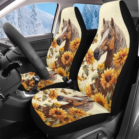 Garronmavis Sunflower Horses 2 Piece Women Plush Car Seat Covers Vehicle Cars Suv Seats Cover