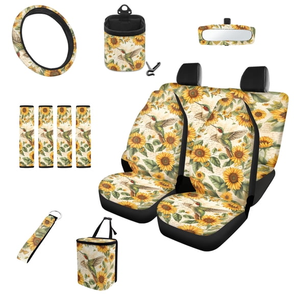 Garronmavis Sunflower Hummingbird 13 Pack Car Accessories Sets Auto Interior Decor 4 Pieces Car Seat Covers Steering Wheel Cover Keychain Car Trash Bag Car Dash Accessories Rearview Mirror Cover