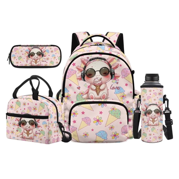 Garronmavis Sunglass Ice Cream Axolotl Girls Backpack Set, 17 Inch Kawaii Candy Theme School Daypack with Insulated Lunch Pack, Pen Pouch and Accessory Water Bottle Sleeve